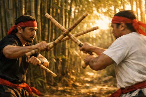 Practicantes de Kali filipino con bastones rattan