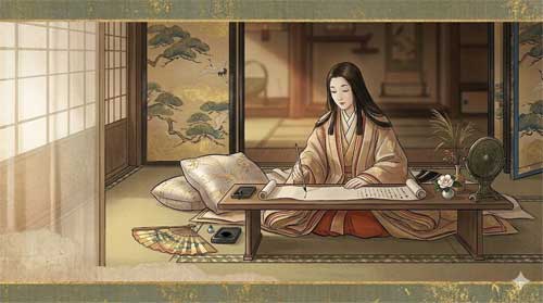Representación artística de Sei Shōnagon escribiendo el Makura no Sōshi
