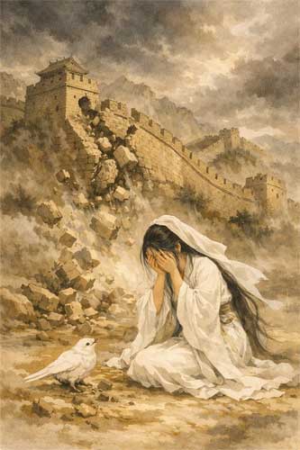 Lady Meng Jiang llorando frente a la Gran Muralla
