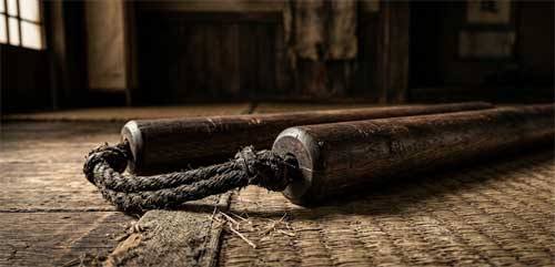 Nunchakus tradicionales de madera unidos por cuerda