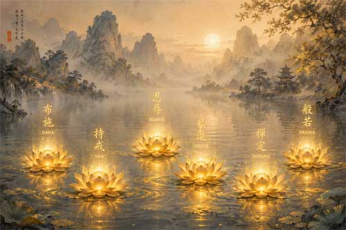 Representación simbólica de los seis paramitas con flores de loto