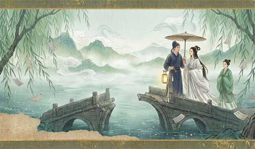 Bai Suzhen y Xu Xian bajo la lluvia en el Puente Roto