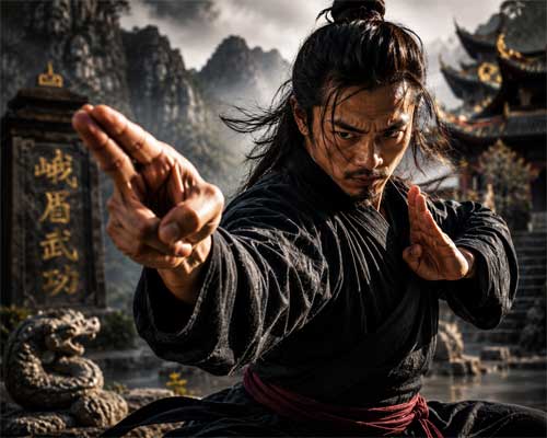 Practicante de Emei en postura de serpiente