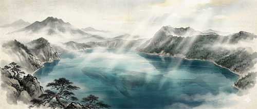 Ilustración mítica de Amemasu en el lago Mashu