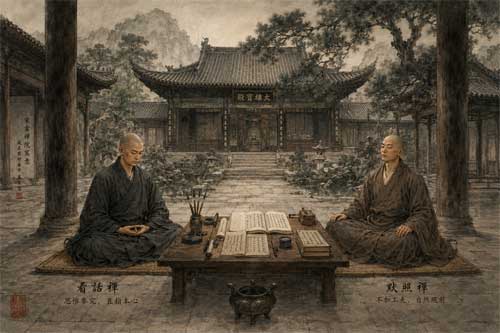 Representación de un monasterio Chan durante la dinastía Song con monjes en práctica