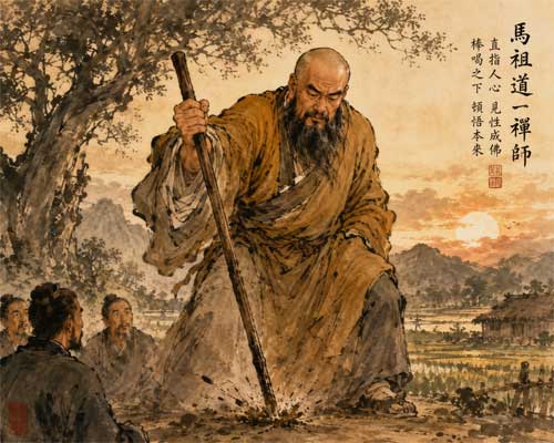 Representación artística de un maestro Chan de la escuela Hongzhou en acción