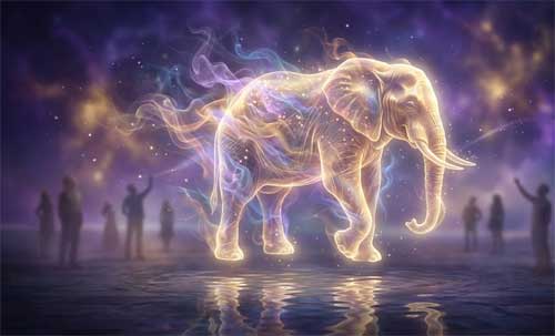 Representación artística de un elefante ilusorio surgido de la magia