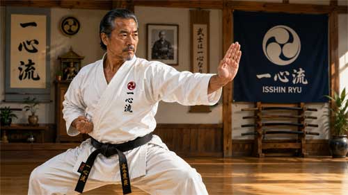 Representación artística del símbolo del Isshin-ryu o un practicante en acción