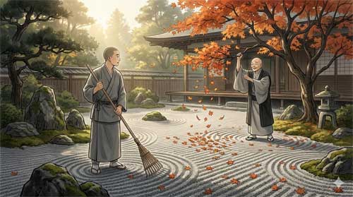 Jardín Zen con hojas caídas representando la impermanencia