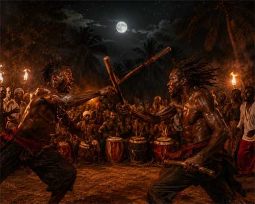 Representación artística de practicantes de Kalenda con bastones bajo la luz de la luna