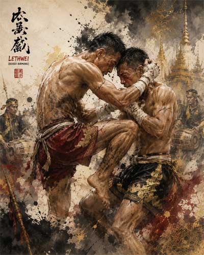 Luchadores de Lethwei en plena acción con vendajes tradicionales