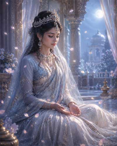 Ilustración de la Princesa Candrottarā escuchando las enseñanzas con atención plena
