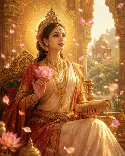 Ilustración de la Reina Śrīmālā enseñando el Dharma desde su palacio