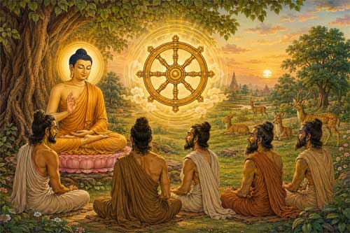 Representación simbólica de la Rueda del Dharma puesta en movimiento