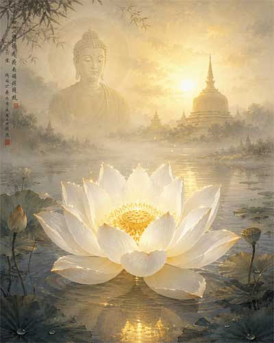 Representación artística de un loto blanco luminoso simbolizando el Dharma puro