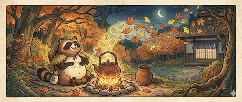 Tanuki transformando hojas en oro con una olla mágica