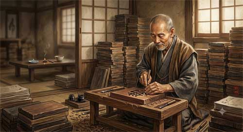 Representación artística de Tetsugen Dōko y su laboriosa tarea de impresión