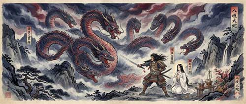 Ilustración mítica de Yamata no Orochi y Susanowo