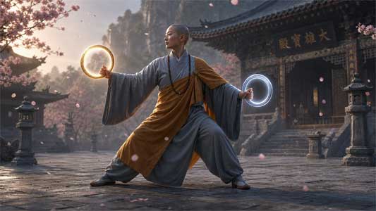 Anillos marciales Sol y Luna sostenidos en manos en posición de meditación