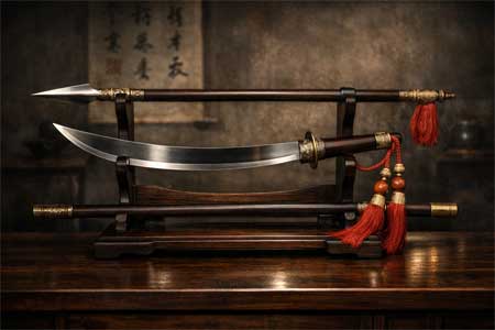 Colección de armas tradicionales chinas sobre soporte de madera