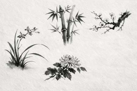 Pintura Sumi-e de los cuatro caballeros