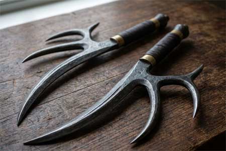 Cuchillos Asta de Ciervo Lu Jiao Dao sobre mesa de madera