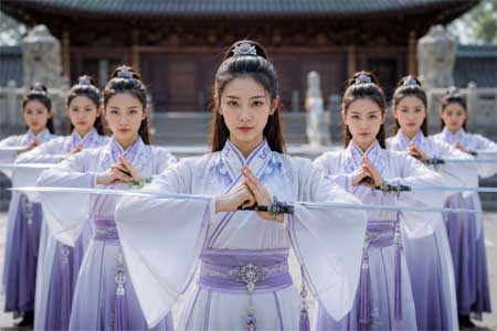 Grupo de practicantes femeninas de Emei Kung Fu en formación