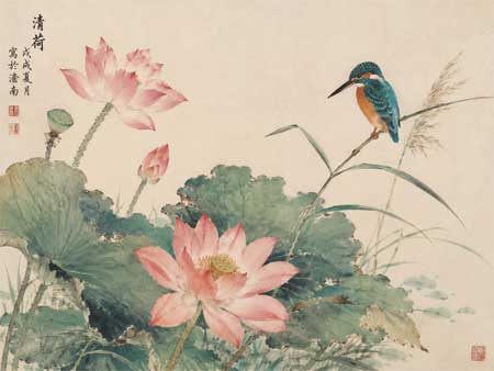 Pintura tradicional china Gansai con flores y pájaros