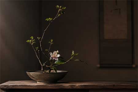 Arreglo floral Ikebana minimalista en jarrón cerámico