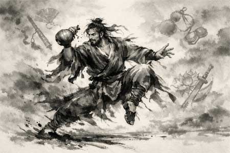 Practicante de Kung Fu estilo borracho en movimiento dinámico