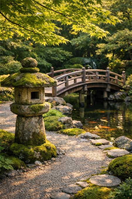 Linterna de piedra en un jardín japonés con puente de madera