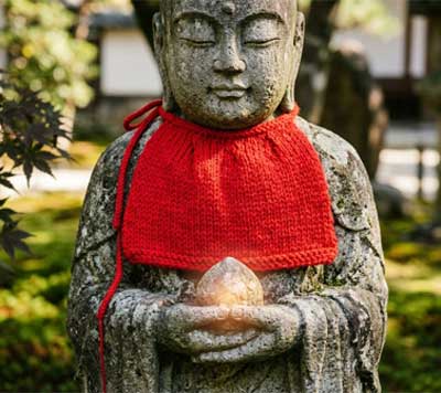 Detalle del babero rojo y la joya cintamani en la estatua de Jizō