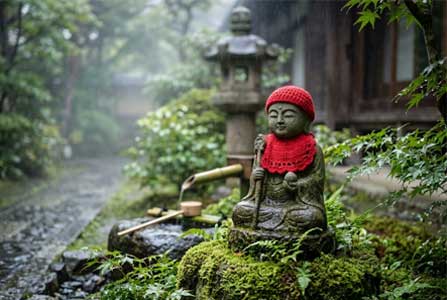 Estatua de Jizō con babero rojo en un jardín zen