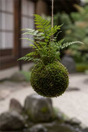 Kokedama colgando con luz natural suave