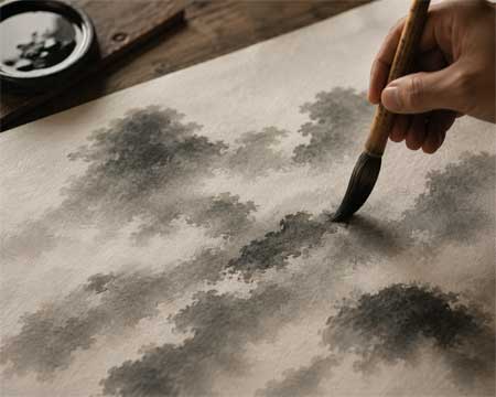 Pincelada de tinta sumi creando formas de nube en papel washi