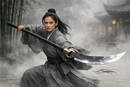 Practicante sosteniendo un Kwantao o Guandao