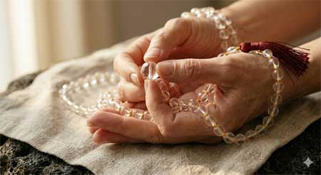 Manos en posición de meditación sosteniendo un Mala de cuentas claras
