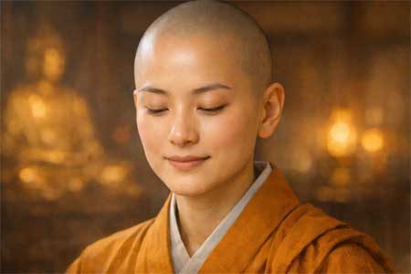 Monje budista con cabeza rapada en meditación