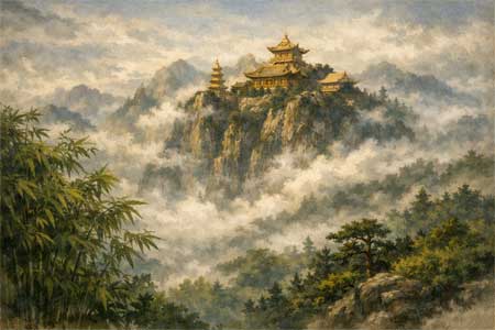 Paisaje de la Montaña Emei con templos entre la bruma
