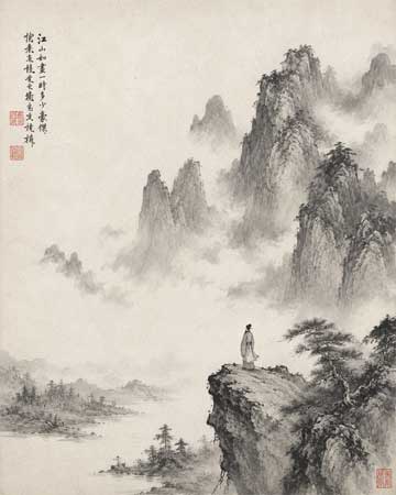 Pintura tradicional china de montaña y río estilo Dinastía Tang