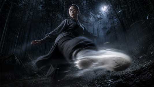 Silueta de mujer practicando artes marciales chinas en un bosque de bambú