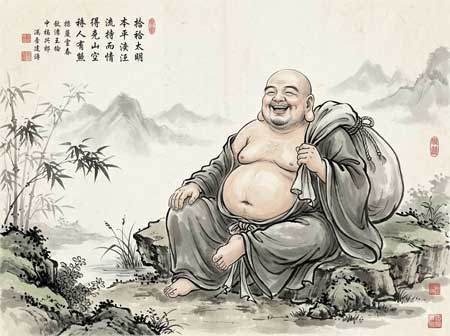 Estatua de Putai Hotei riendo con su saco a cuestas