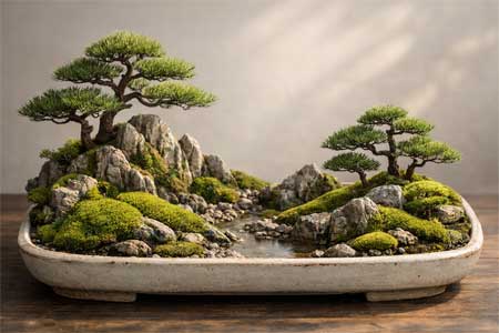 Paisaje Saikei con miniaturas de árboles y rocas