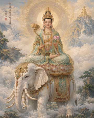 Representación artística de Samantabhadra sobre el elefante blanco