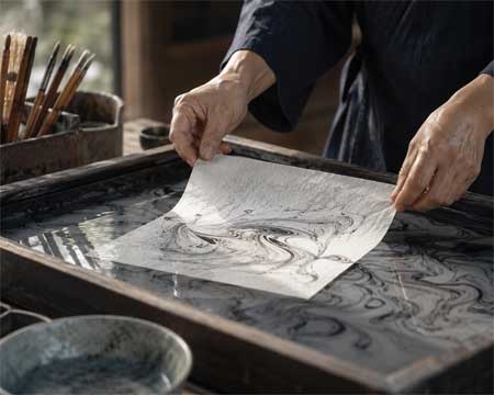 Hoja de papel washi siendo colocada suavemente sobre el agua para capturar la tinta