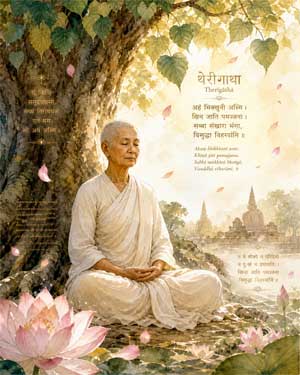 Monja antigua meditando bajo un árbol Bodhi con versos flotantes