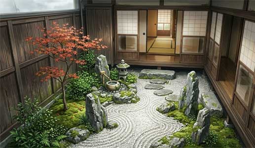 Pequeño jardín japonés Tsubo-niwa con piedras, musgo y bambú