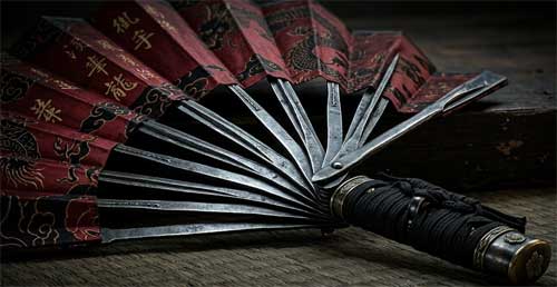 Abanico de guerra tradicional oriental con varillas de metal y papel resistente