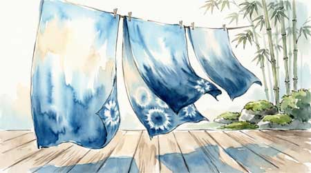 Ilustración artística de telas tradicionales japonesas teñidas con índigo colgando al aire libre