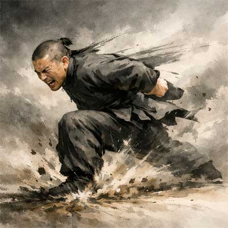 Ilustración dinámica de un maestro de Baji Quan ejecutando una técnica explosiva de corto alcance